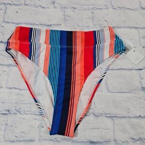 Hot Water Bikini Bottom Women Medium Red Blue Striped High Waisted Swimwear